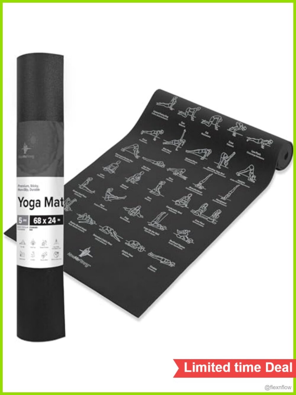 Yoga Mat with 70 Illustrated Poses - 5mm Thick Non-Slip Pilates Mat